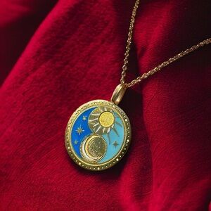 NEW Yellow Gold-Plated Celestial Sun & Moon Blue Enamel Medallion Necklace